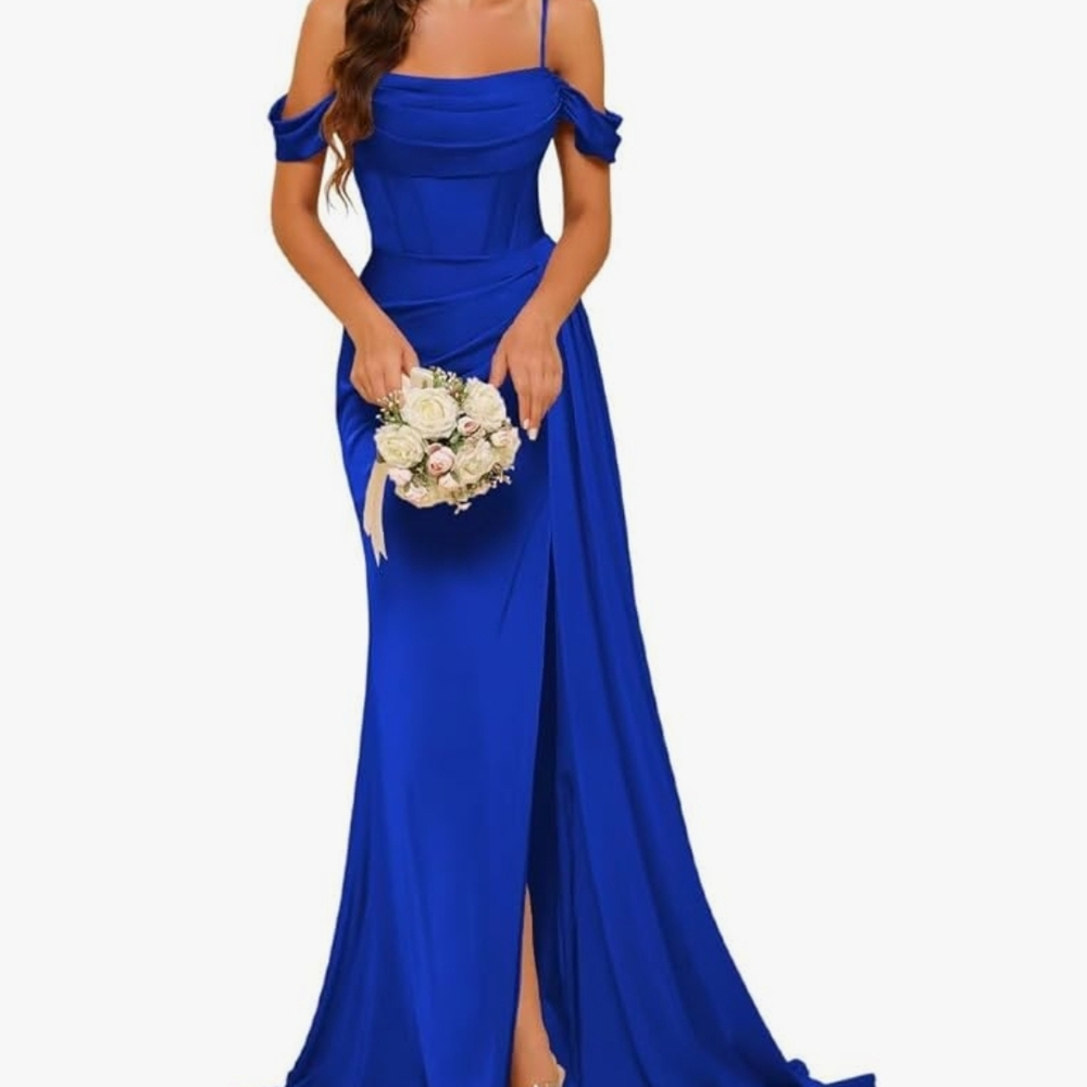 Elegant Blue Off-Shoulder Evening Gown